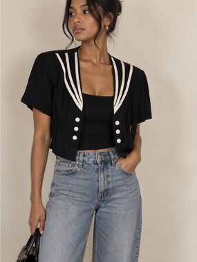 XTRMZ Cropped Black Sailor Collar Cropped Bolero Jacket White Trim Size 8